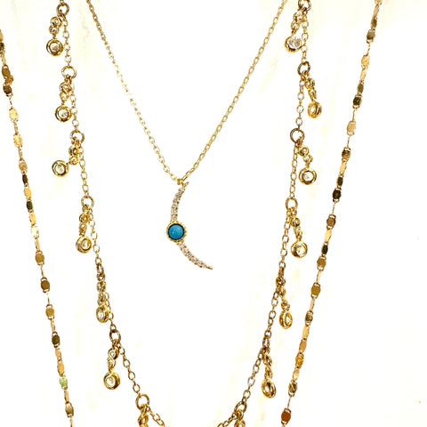 Pave and Turquoise Crescent moon necklace