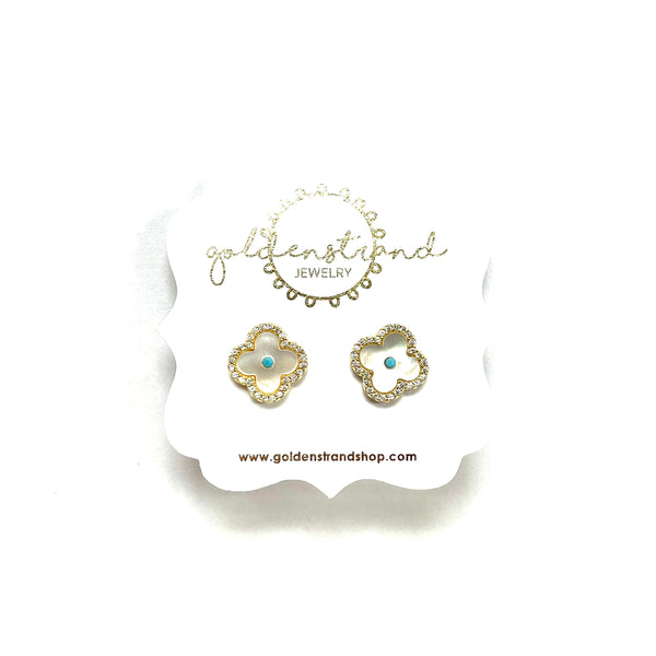 Pave and Mother of Pearl Quatrefoil Stud Earrings