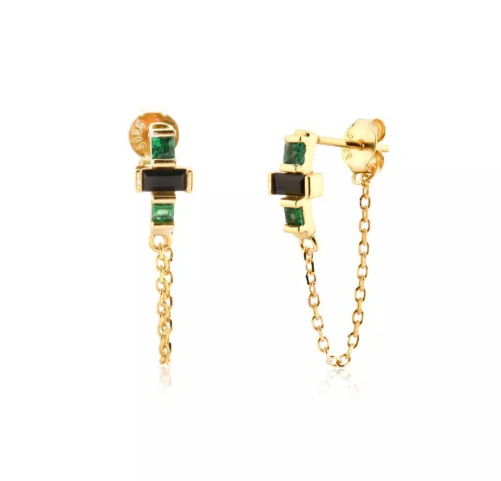 Onyx and Emerald Chain Drop Earrings