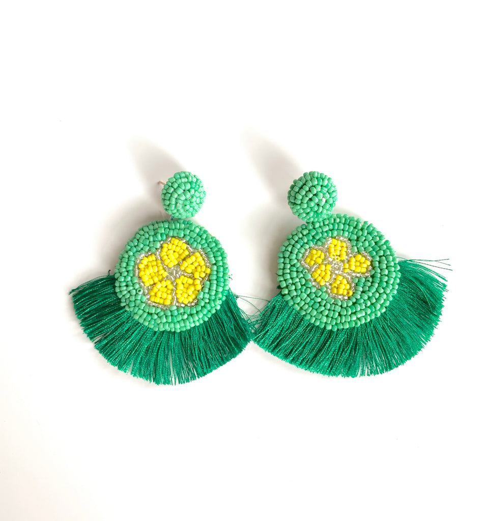 Flower and Fringe Earrings in Green
