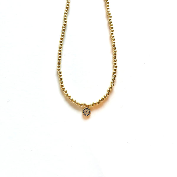 3mm Gold Beaded Necklace with Pave Evil Eye Charm