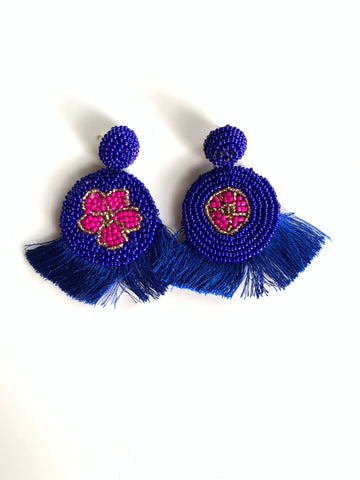 Flower and Fringe Earrings in Blue