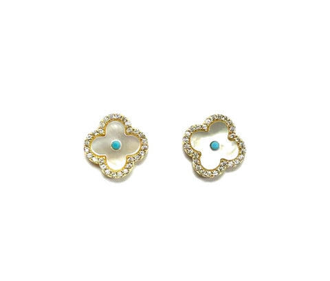 Pave and Mother of Pearl Quatrefoil Stud Earrings