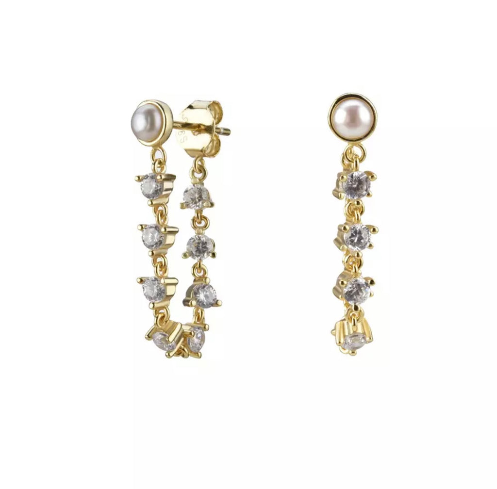 Pearl and CZ chain drop earrings