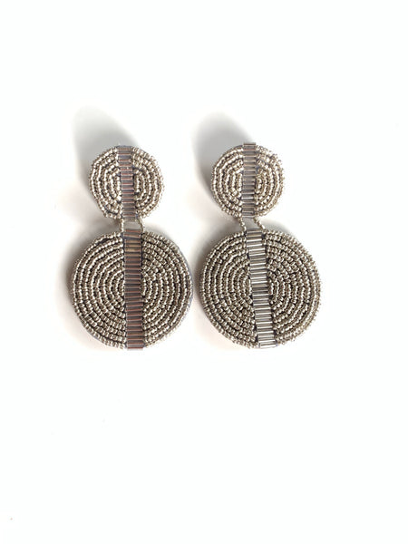 Beaded Double Disc Statement Earrings in Silver