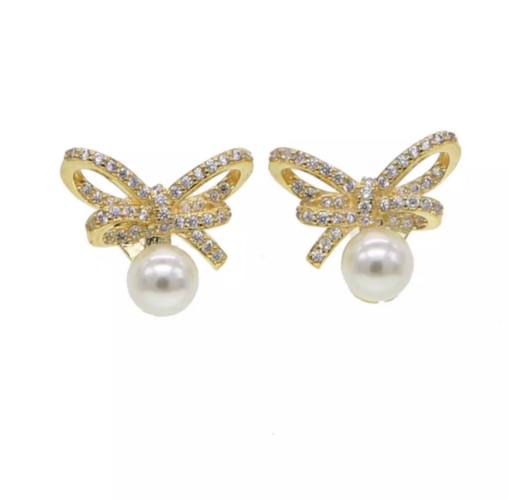 Pave and Pearl Bow Earrings